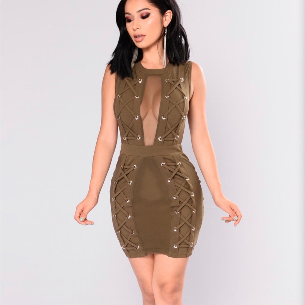 Stronger Lace Up Mesh Plunge Dress